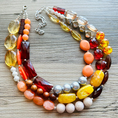 Fall Statement Necklace, Cherry Mustard Silver Necklace, Triple Strand Statement Necklace, fall colors necklace, vintage necklace, chunky