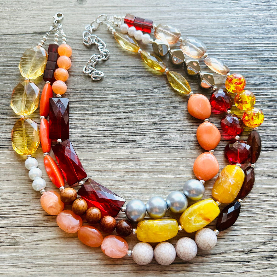 Fall Statement Necklace, Cherry Mustard Silver Necklace, Triple Strand Statement Necklace, fall colors necklace, vintage necklace, chunky
