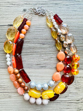 Load image into Gallery viewer, Fall Statement Necklace, Cherry Mustard Silver Necklace, Triple Strand Statement Necklace, fall colors necklace, vintage necklace, chunky