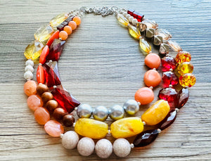 Fall Statement Necklace, Cherry Mustard Silver Necklace, Triple Strand Statement Necklace, fall colors necklace, vintage necklace, chunky
