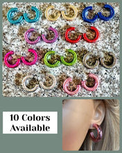 Load image into Gallery viewer, Rainbow Geometric Drop Hoop earrings set, metallic jewelry, hammered aluminum hoops bridesmaid pink blue silver gold green