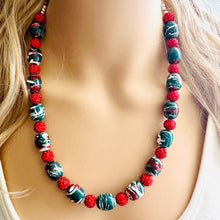 Load image into Gallery viewer, Christmas Painted Necklace, Chunky Single Strand of rhinestone beads, red and green necklace, christmas jewelry, chunky beaded