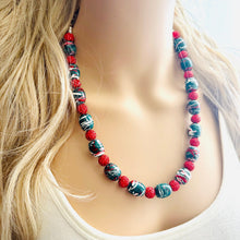 Load image into Gallery viewer, Christmas Painted Necklace, Chunky Single Strand of rhinestone beads, red and green necklace, christmas jewelry, chunky beaded