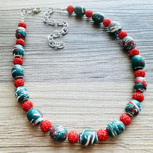 Load image into Gallery viewer, Christmas Painted Necklace, Chunky Single Strand of rhinestone beads, red and green necklace, christmas jewelry, chunky beaded