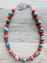 Load image into Gallery viewer, Christmas Painted Necklace, Chunky Single Strand of rhinestone beads, red and green necklace, christmas jewelry, chunky beaded