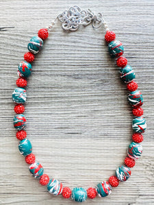 Christmas Painted Necklace, Chunky Single Strand of rhinestone beads, red and green necklace, christmas jewelry, chunky beaded