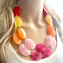 Load image into Gallery viewer, Summer Picnic Statement Necklace, chunky bib beaded jewelry, pink yellow orange necklace, beaded acrylic jewelry neon coral pink