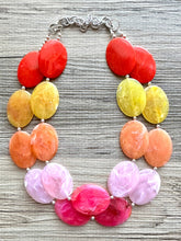 Load image into Gallery viewer, Summer Picnic Statement Necklace, chunky bib beaded jewelry, pink yellow orange necklace, beaded acrylic jewelry neon coral pink