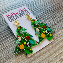 Load image into Gallery viewer, Christmas Drop Earrings, Green Christmas Tree, Small Holiday Earrings, Holiday Gifts for Her or Christmas Party, dangle ornament Santa