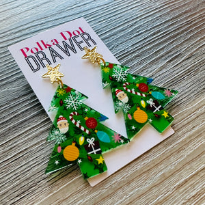 Christmas Drop Earrings, Green Christmas Tree, Small Holiday Earrings, Holiday Gifts for Her or Christmas Party, dangle ornament Santa