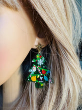 Load image into Gallery viewer, Christmas Drop Earrings, Green Christmas Tree, Small Holiday Earrings, Holiday Gifts for Her or Christmas Party, dangle ornament Santa