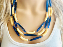 Load image into Gallery viewer, Blueberry Lemonade 3 Strand Necklace, navy blue jewelry, chunky geometric yellow beaded statement cream champagne