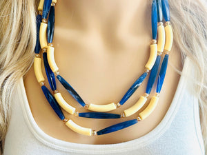 Blueberry Lemonade 3 Strand Necklace, navy blue jewelry, chunky geometric yellow beaded statement cream champagne