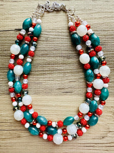 Christmas Necklace, Red Green White Holiday Jewelry, Christmas Jewelry, Silver Jewelry, Beaded Christmas Gift Christmas Present December