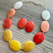 Load image into Gallery viewer, Fall Statement Necklace, Orange White Yellow, single Strand Statement colors, ombre necklace, autumn earrings red marigold