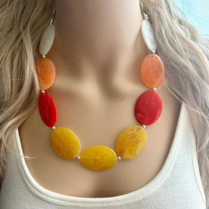 Fall Statement Necklace, Orange White Yellow, single Strand Statement colors, ombre necklace, autumn earrings red marigold