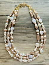 Load image into Gallery viewer, Victorian Vintage Pearl Statement Necklace, chunky beaded jewelry, chunky tan champagne necklace, block beaded necklace, lace white cream