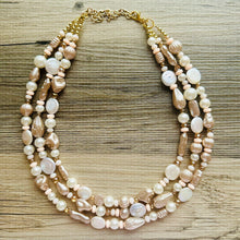 Load image into Gallery viewer, Victorian Vintage Pearl Statement Necklace, chunky beaded jewelry, chunky tan champagne necklace, block beaded necklace, lace white cream