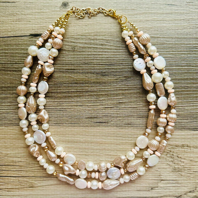 Victorian Vintage Pearl Statement Necklace, chunky beaded jewelry, chunky tan champagne necklace, block beaded necklace, lace white cream