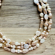 Load image into Gallery viewer, Victorian Vintage Pearl Statement Necklace, chunky beaded jewelry, chunky tan champagne necklace, block beaded necklace, lace white cream