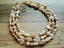 Load image into Gallery viewer, Victorian Vintage Pearl Statement Necklace, chunky beaded jewelry, chunky tan champagne necklace, block beaded necklace, lace white cream