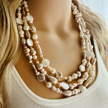 Load image into Gallery viewer, Victorian Vintage Pearl Statement Necklace, chunky beaded jewelry, chunky tan champagne necklace, block beaded necklace, lace white cream