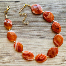 Load image into Gallery viewer, Natural carnelian Beaded 1 strand Statement Necklace, Chunky Bib Single Jewelry Light orange stone jewelry, gemstone layering red cream gold