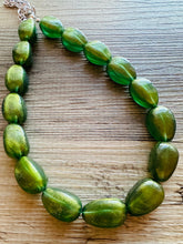 Load image into Gallery viewer, Olive Green Shimmer Single Strand Beaded Statement Necklace, beaded bridesmaid jewelry set layering glitter resin earrings