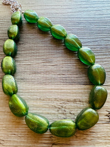 Olive Green Shimmer Single Strand Beaded Statement Necklace, beaded bridesmaid jewelry set layering glitter resin earrings