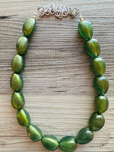 Load image into Gallery viewer, Olive Green Shimmer Single Strand Beaded Statement Necklace, beaded bridesmaid jewelry set layering glitter resin earrings