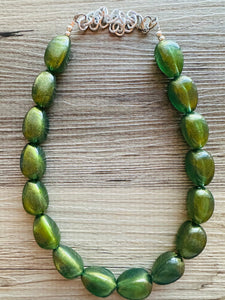 Olive Green Shimmer Single Strand Beaded Statement Necklace, beaded bridesmaid jewelry set layering glitter resin earrings