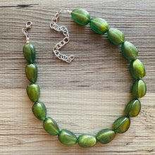 Load image into Gallery viewer, Olive Green Shimmer Single Strand Beaded Statement Necklace, beaded bridesmaid jewelry set layering glitter resin earrings