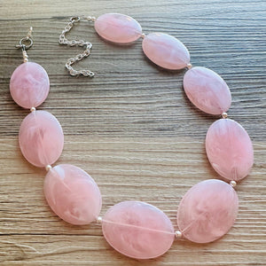 Blush Oval Statement Necklace, Single Strand Chunky Beaded Necklace, Baby Pink Jewelry, Spring Jewelry, pink Necklace, earring jewelry set