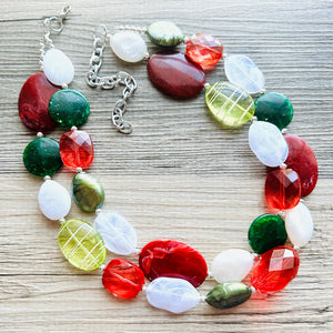 Christmas Necklace, Red Green Holiday Jewelry, Christmas Jewelry, Gold Jewelry, Beaded Gift winter stocking stuffer dressy dress Present