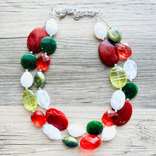 Load image into Gallery viewer, Christmas Necklace, Red Green Holiday Jewelry, Christmas Jewelry, Gold Jewelry, Beaded Gift winter stocking stuffer dressy dress Present