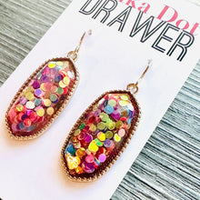 Load image into Gallery viewer, Rainbow Confetti in Resin drop Earrings, Gold drop Earrings, shiny jewelry earrings metal geometric sparkle pride glitter holiday