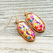 Load image into Gallery viewer, Rainbow Confetti in Resin drop Earrings, Gold drop Earrings, shiny jewelry earrings metal geometric sparkle pride glitter holiday