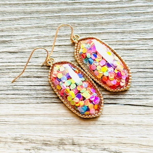 Rainbow Confetti in Resin drop Earrings, Gold drop Earrings, shiny jewelry earrings metal geometric sparkle pride glitter holiday