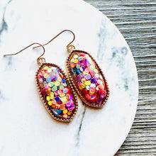 Load image into Gallery viewer, Rainbow Confetti in Resin drop Earrings, Gold drop Earrings, shiny jewelry earrings metal geometric sparkle pride glitter holiday