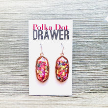 Load image into Gallery viewer, Rainbow Confetti in Resin drop Earrings, Gold drop Earrings, shiny jewelry earrings metal geometric sparkle pride glitter holiday