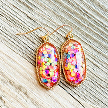 Load image into Gallery viewer, Rainbow Confetti in Resin drop Earrings, Gold drop Earrings, shiny jewelry earrings metal geometric sparkle pride glitter holiday