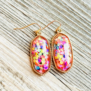 Rainbow Confetti in Resin drop Earrings, Gold drop Earrings, shiny jewelry earrings metal geometric sparkle pride glitter holiday