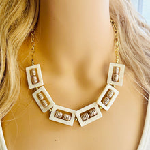 Load image into Gallery viewer, Creamy Statement Necklace, single strand Geometric Beaded Jewelry, off white bib necklace, shell necklace, eggshell gold chain champagne