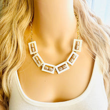 Load image into Gallery viewer, Creamy Statement Necklace, single strand Geometric Beaded Jewelry, off white bib necklace, shell necklace, eggshell gold chain champagne