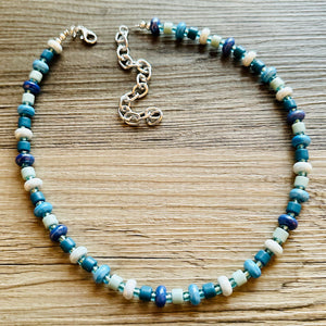 Blue Ombré Porcelain Block Layering Rainbow Beaded 1 Strand Necklace, Colorful Jewelry, Chunky statement jelly bean confetti bubble aqua