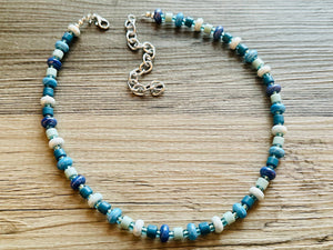 Blue Ombré Porcelain Block Layering Rainbow Beaded 1 Strand Necklace, Colorful Jewelry, Chunky statement jelly bean confetti bubble aqua