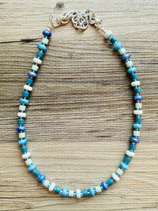 Blue Ombré Porcelain Block Layering Rainbow Beaded 1 Strand Necklace, Colorful Jewelry, Chunky statement jelly bean confetti bubble aqua