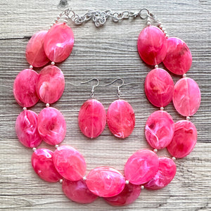 Big Bead pink Necklace, 2 Strand Statement Jewelry, magenta pink Chunky bib bridesmaid, hot pink jewelry, dark pink necklace earring set