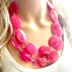 Big Bead pink Necklace, 2 Strand Statement Jewelry, magenta pink Chunky bib bridesmaid, hot pink jewelry, dark pink necklace earring set