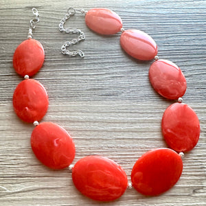 Electric Orange Swirl Single Strand Big Beaded Statement Necklace, orange Jewelry beaded necklace, red bridesmaid necklace jewelry silver